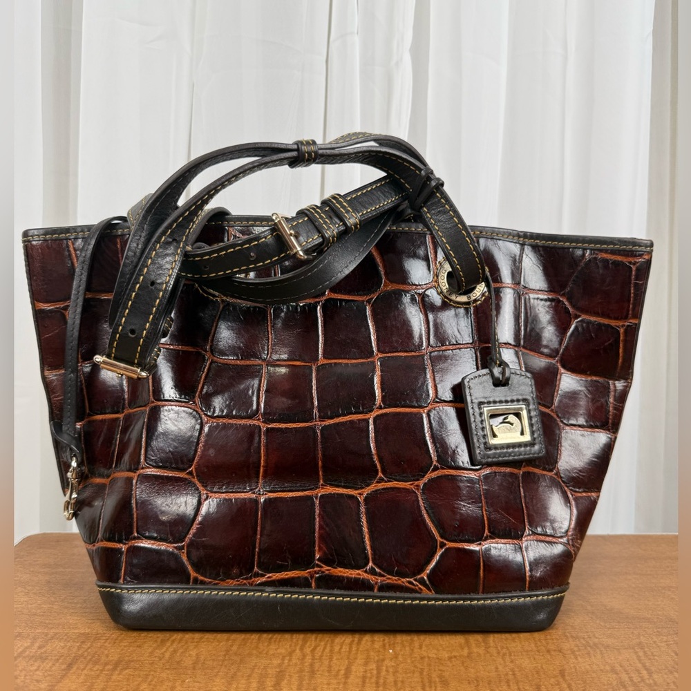 Dooney & Bourke Croc Embossed Leather Tote Brown Shoulder Bag Vintage